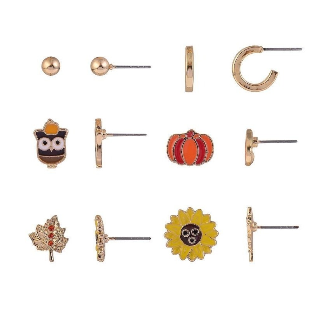 Fall Autumn Thanksgiving Stud Earring Set Gold Tone 6 Pair NEW